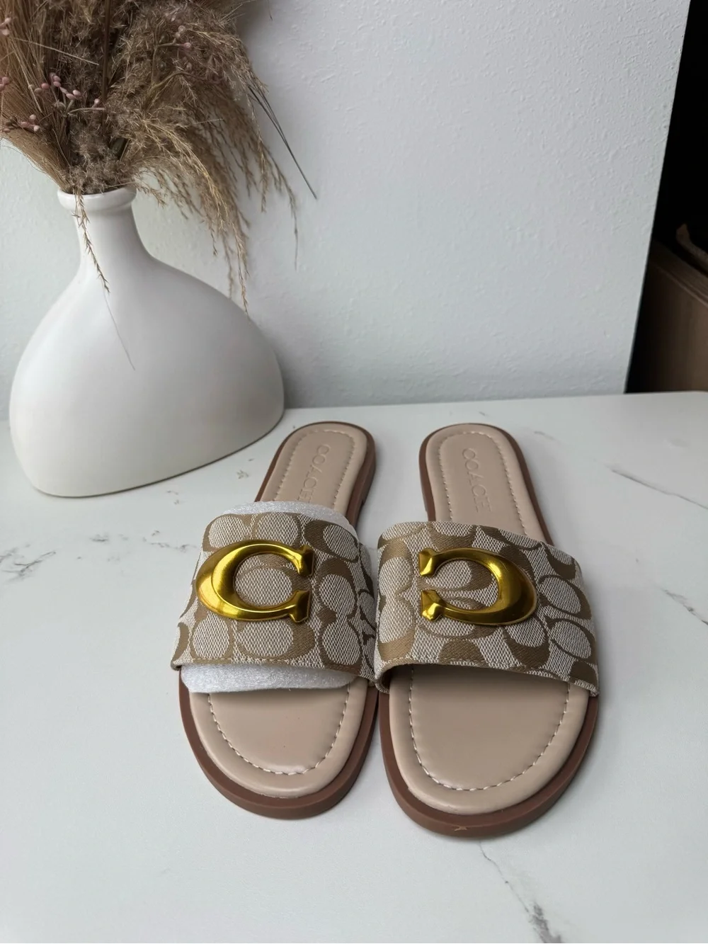 Coach Beige Signature Canvas Slide Sandals with Gold 'C' Accent